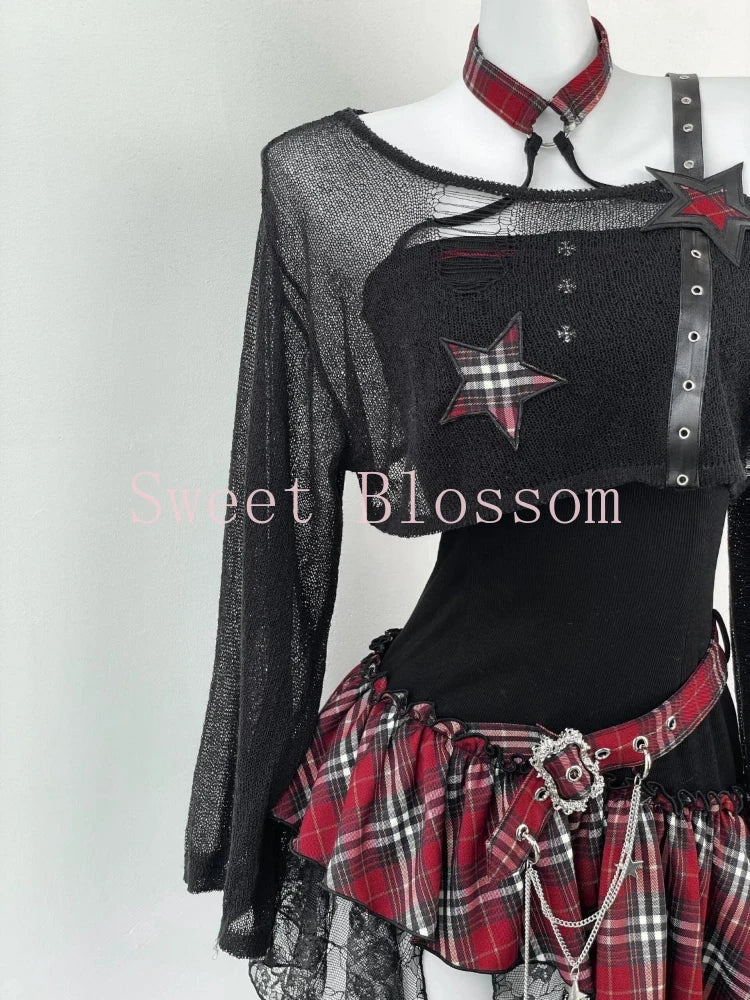 STORESDE Gothic Hot Girl American Fashion 2 Piece Set Women Black Blouse + Chic Irregular Dress New Pure Desire Slim Vintage Suit Summer