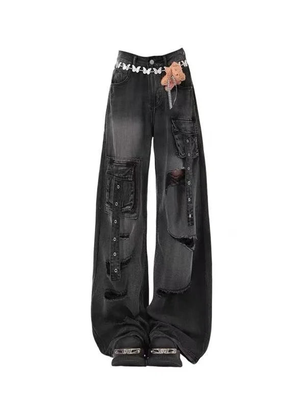 STORESDE Y2K High Street Red Letter Embroidered Baggy Jeans Women Gothic American New Straight Pants Fashion Street Retro Wide-leg Pants