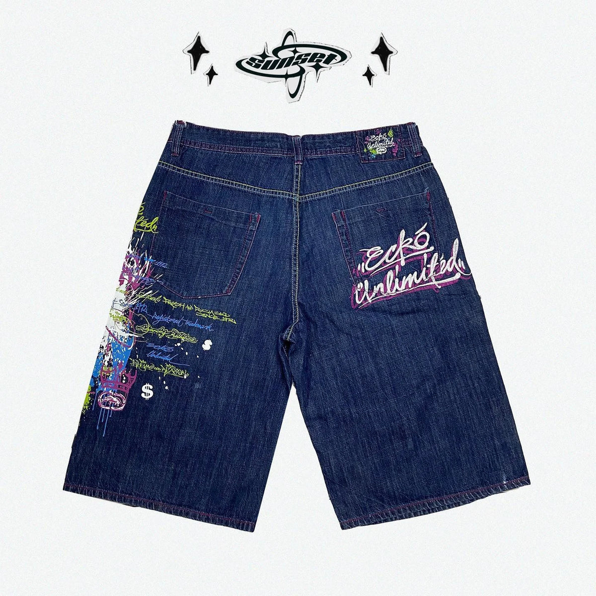 STORESDE American Washed Ecko Denim Shorts Mens Hip-hop Rock Street Fashion Pattern Straight Pants Harajuku Trend Wide Pants