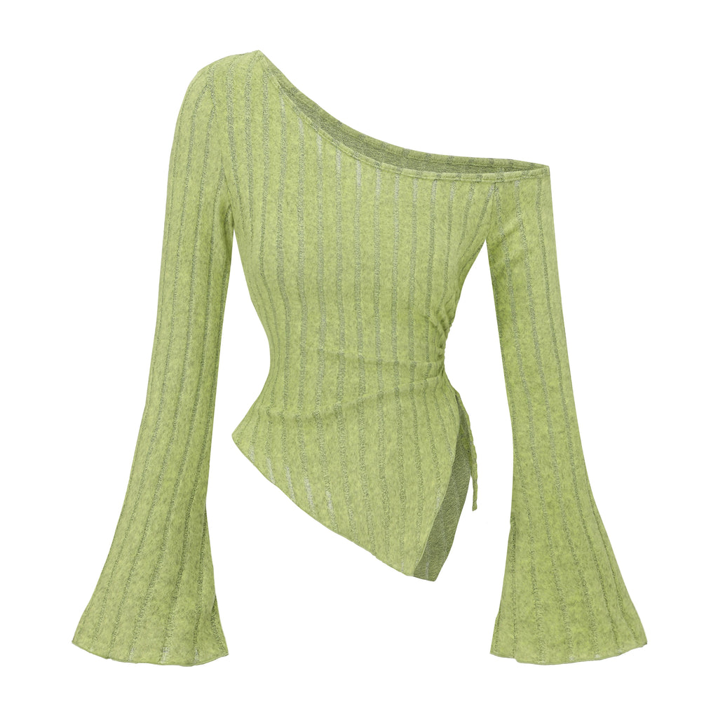 STORESDE women's New off shoulder cross long sleeved slim fit casual street style asymmetrical elegant T-shirt trumpet sleeve top
