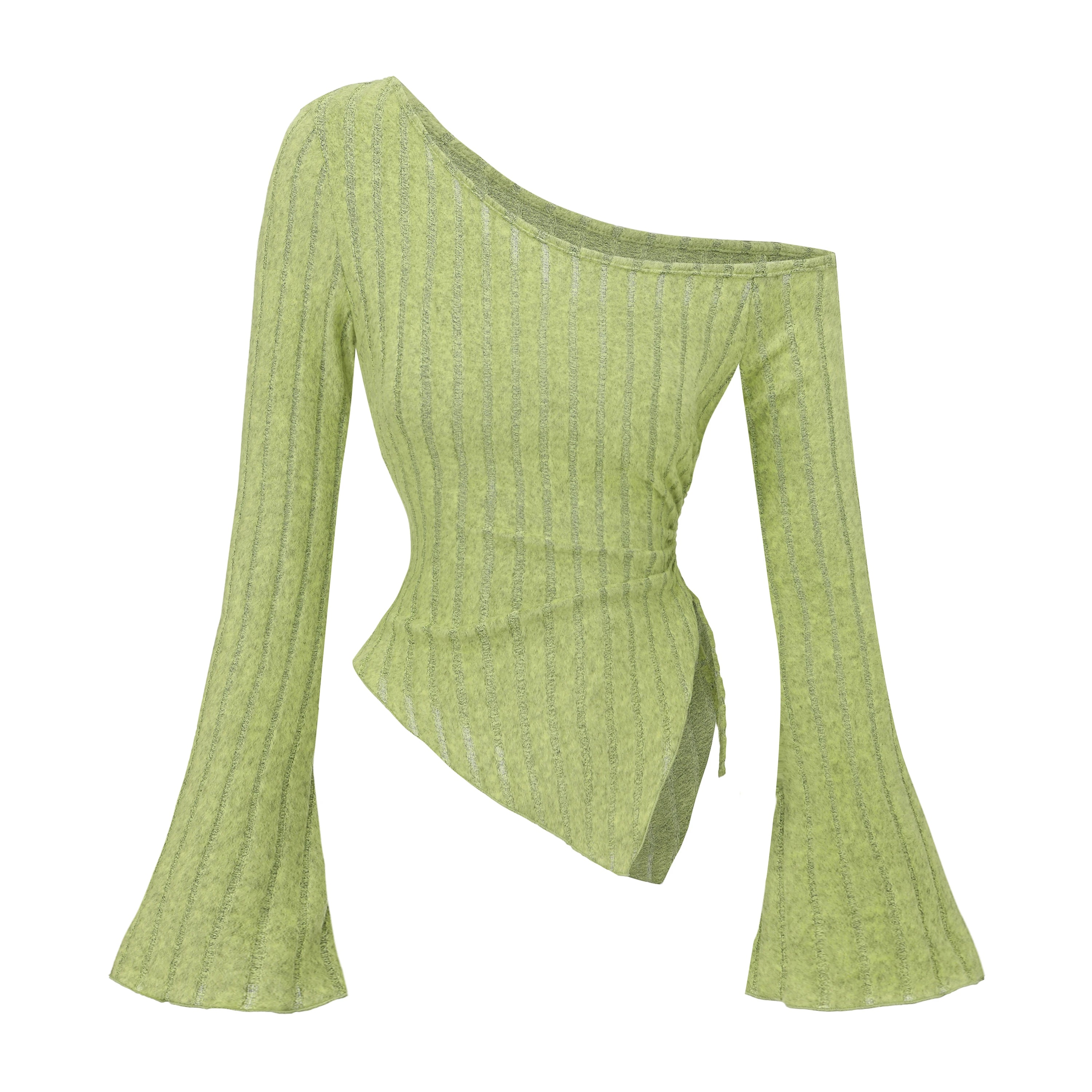 STORESDE women's New off shoulder cross long sleeved slim fit casual street style asymmetrical elegant T-shirt trumpet sleeve top
