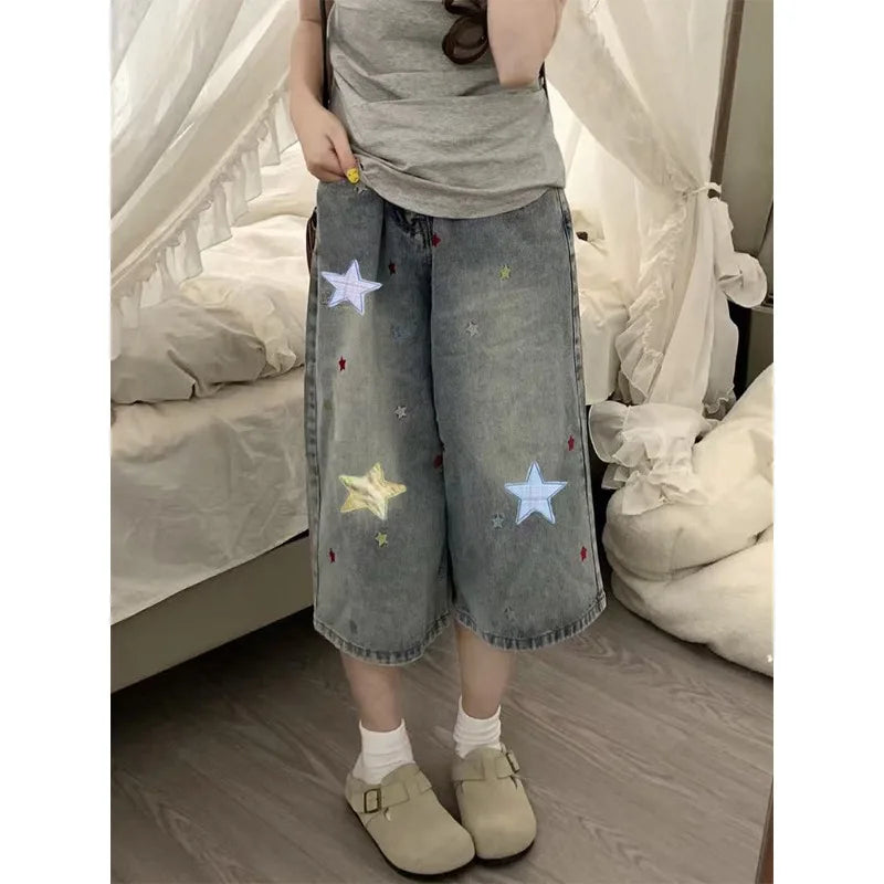 STORESDE American Vintage Women's Straight Leg Capri Jeans 2026 New Star Patchwork Loose Wide Leg Casual Versatile Streetwear Denim Pants