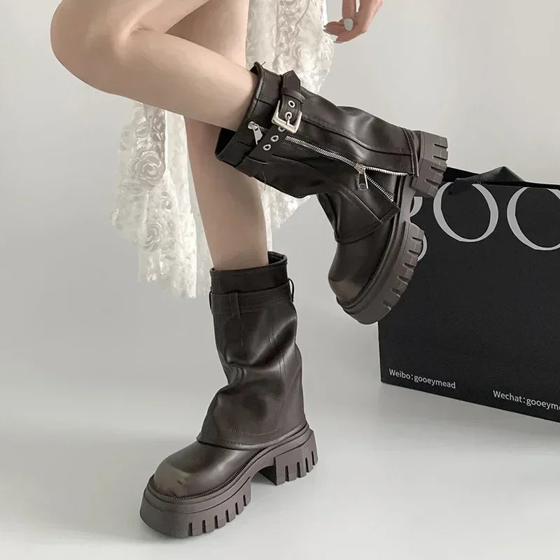 STORESDE Winter Women Biker Boots Fashion Belt Buckle Ladies Elegant Platform Long Pipe Booties Casual Women's Knee High Booties2026