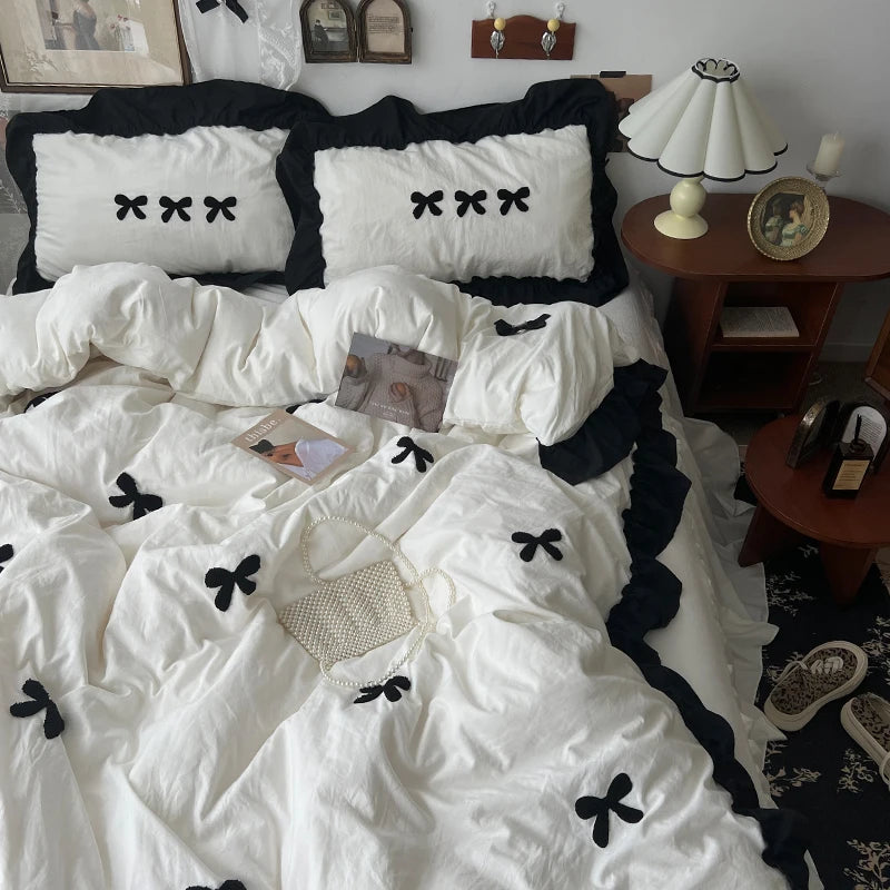 STORESDE Korean Princess Style Kawaii Girl Black Bow Bedding Set Skin-friendly Soft Duvet Cover Set Bed Sheet Or Bed Skirt Pillowcases