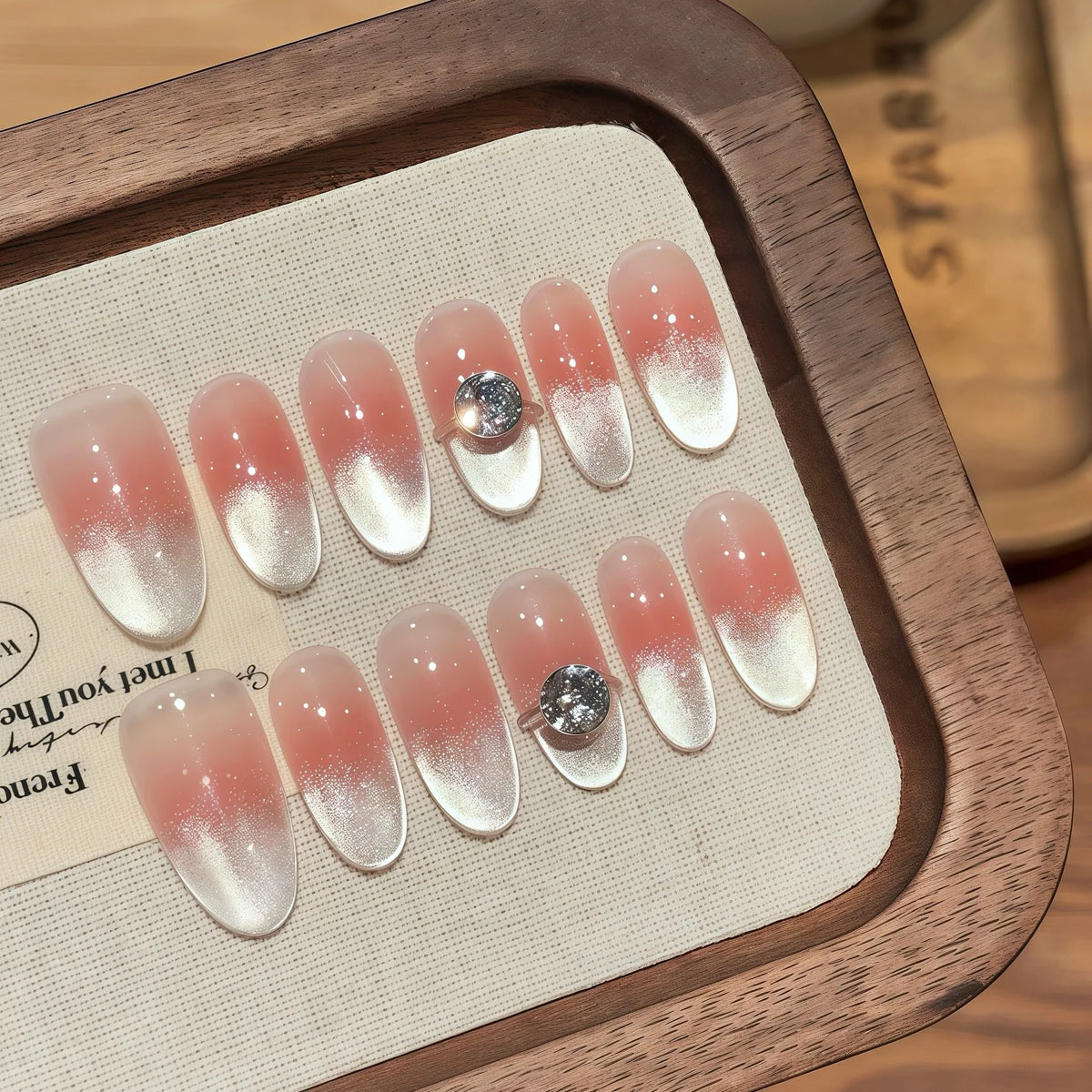 STORESDE 10pcs Handmade Press on Nails Sweet Pink Blush French Cat Eye Fake Nails Wearable Full Cover Pink Peach Cat Eye Fake Nails