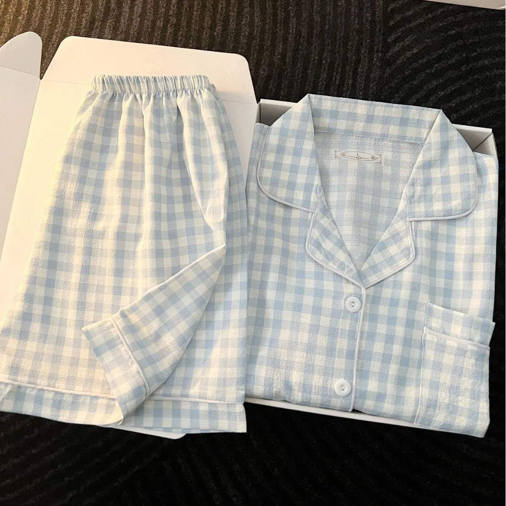 STORESDE Ins Japanese-Style Minimalist Women's Pajamas Summer Bubble Cotton Cute Girl Loose Short-Sleeve Shorts Loose Summer Outfit Set
