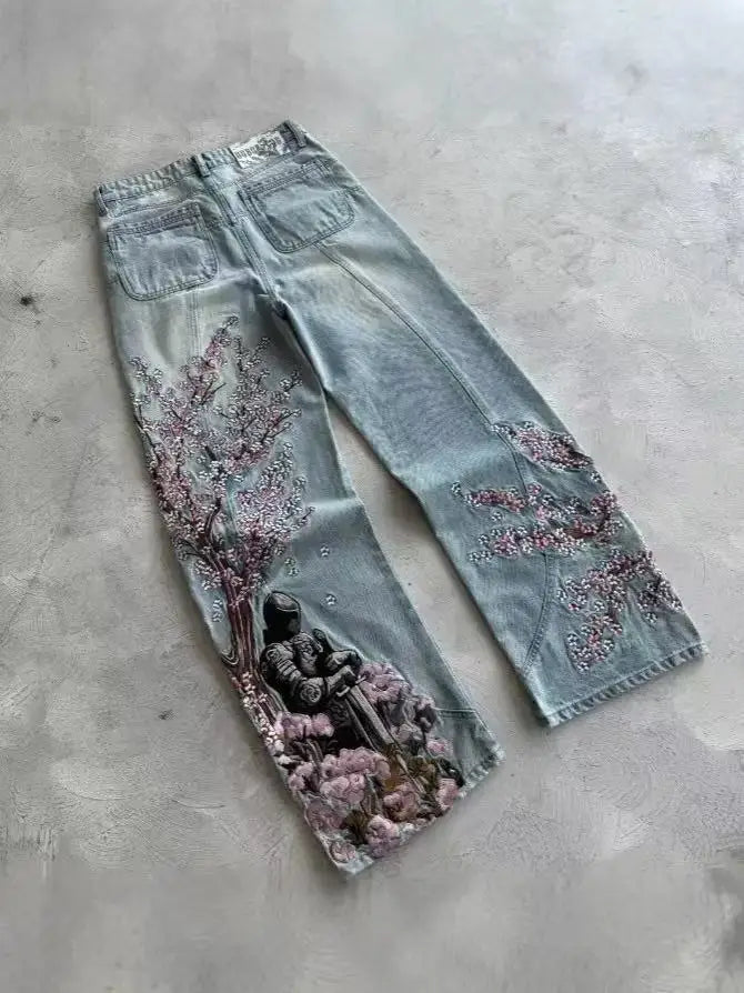 STORESDE New Black Wide Leg Denim Jeans Men Dragon Print Cherry Blossom Embroidery Vintage Washed Loose Harajuku Streetwear Casual Pants