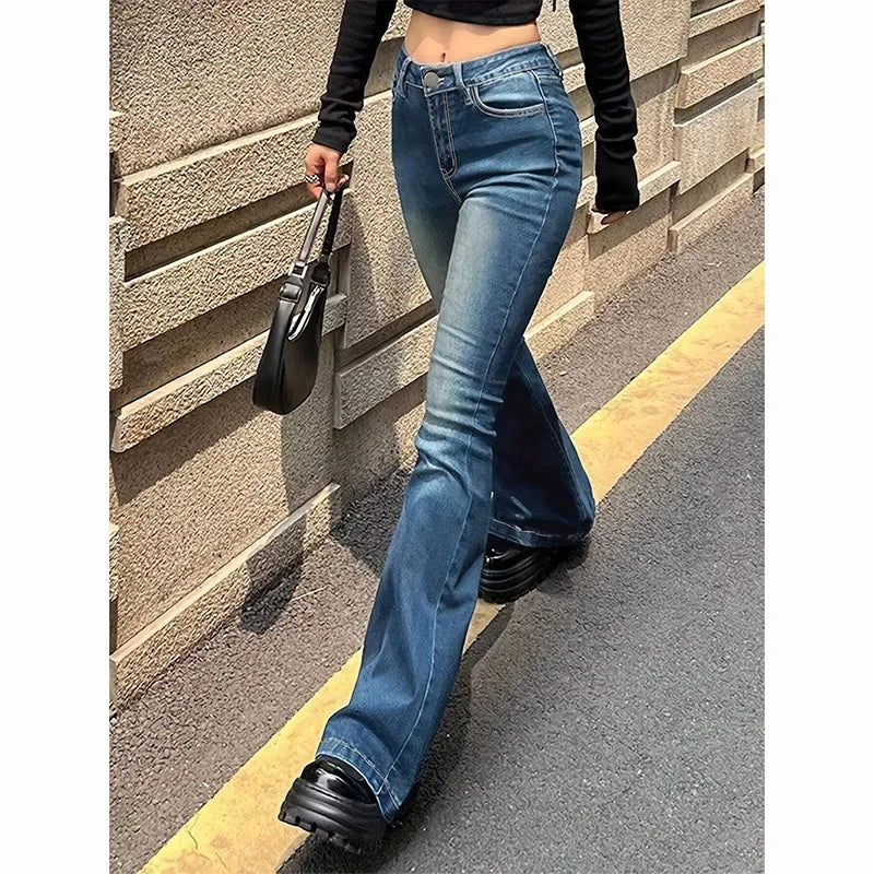 STORESDE 2025 Girls Concise Ins High Waist Flared Jeans Female Stretchy Bootcut Denim Pants Women Solid Color Thin Bell Bottoms Trousers