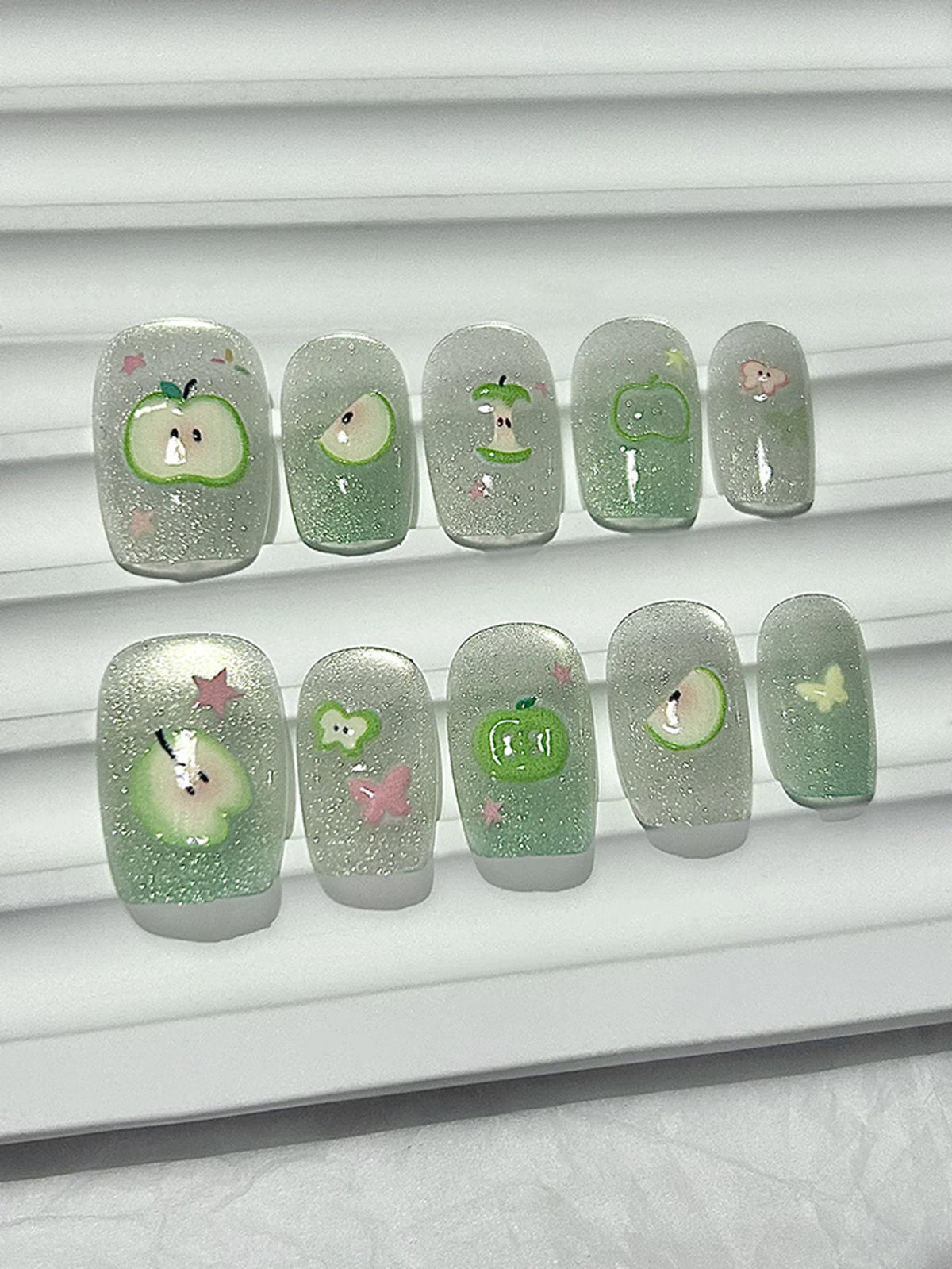STORESDE 10 Pieces Summer Sweet Handmade Press On Nails Butterfly Green Apple Fine Glitter Cat Eye Fake Nails Removable Reusable