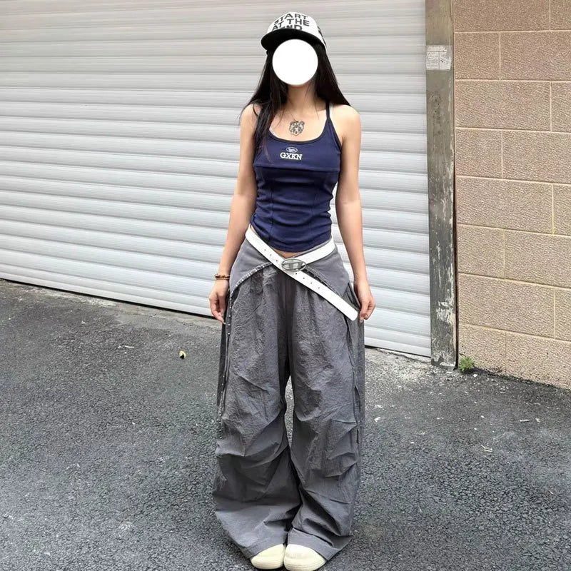 STORESDE Y2K Cargo Pants Women Streetwear Letter Diamond Baggy Sweatpants Harajuku White Wide Leg Joggers Summer Grunge Casual Trousers