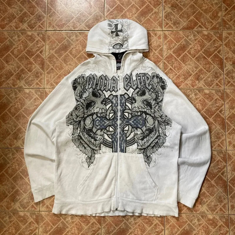 STORESDE 2025 American Vintage Oversized Skull Graphic Zipper Hoodie Men Y2K Harajuku Hip Hop Gothic Couple Casual Joker Sweatshirt Coats
