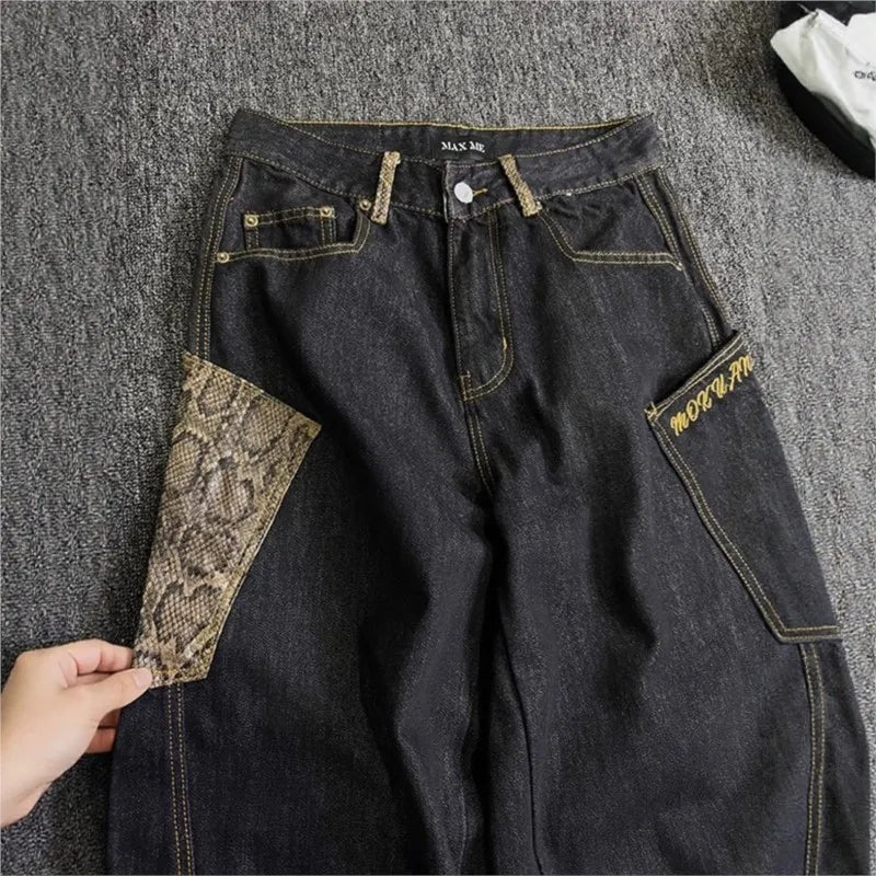 STORESDE Y2K Vintage Snake Patterned Patchwork Washed Baggy Jeans American Women Harajuku Hip Hop Popular Goth High Waist Wide Leg Pants