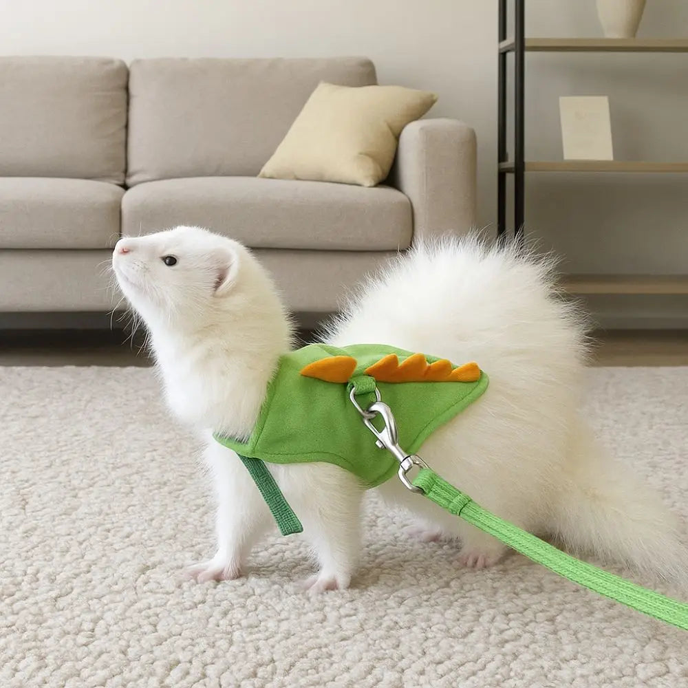STORESDE Soft Cartoon Ferret Vest Harness Adjustable Flannel Hamster Chest Strap Dragon Design with Bell Ferret Traction Rope Training