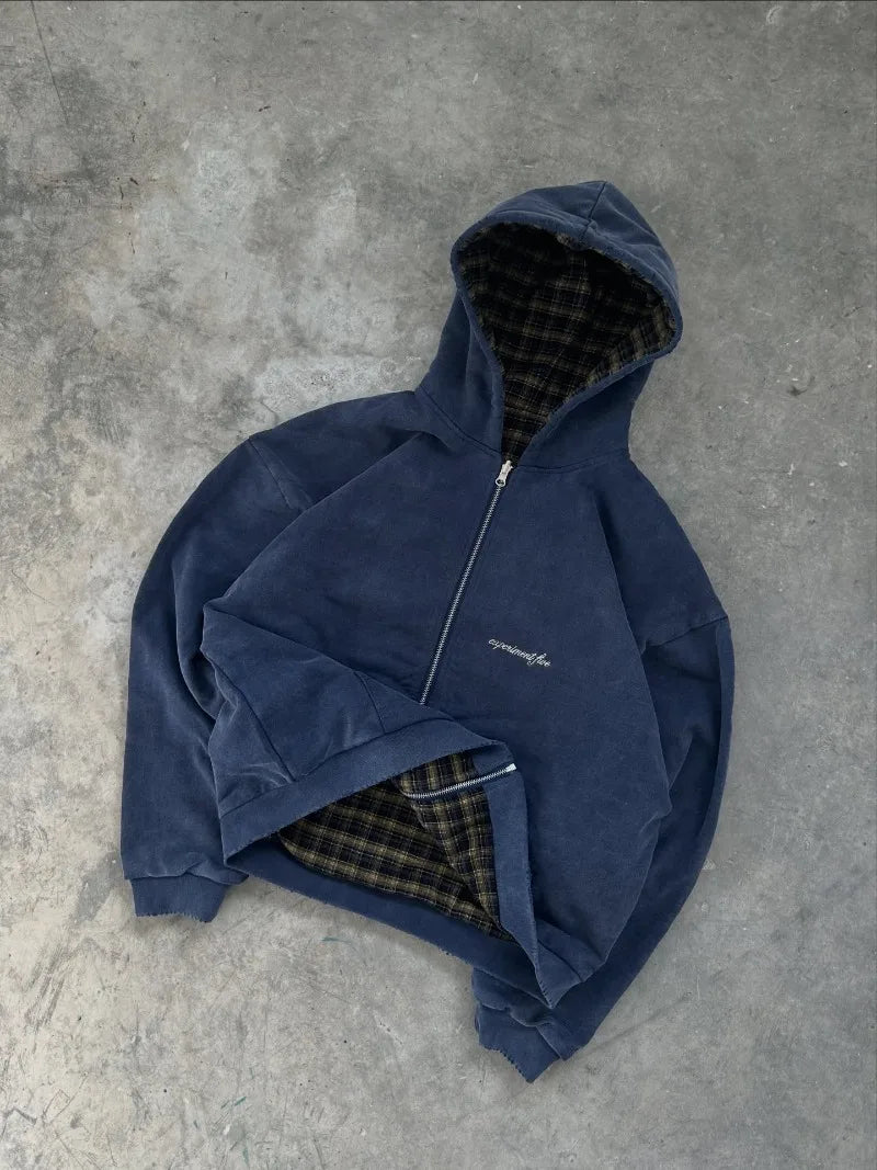 STORESDE Korean Fashion Simple Blue Double-Sided Oversized Zipper Hoodie Women Y2K New Harajuku Gothic Casual Joker Couple Street Wear