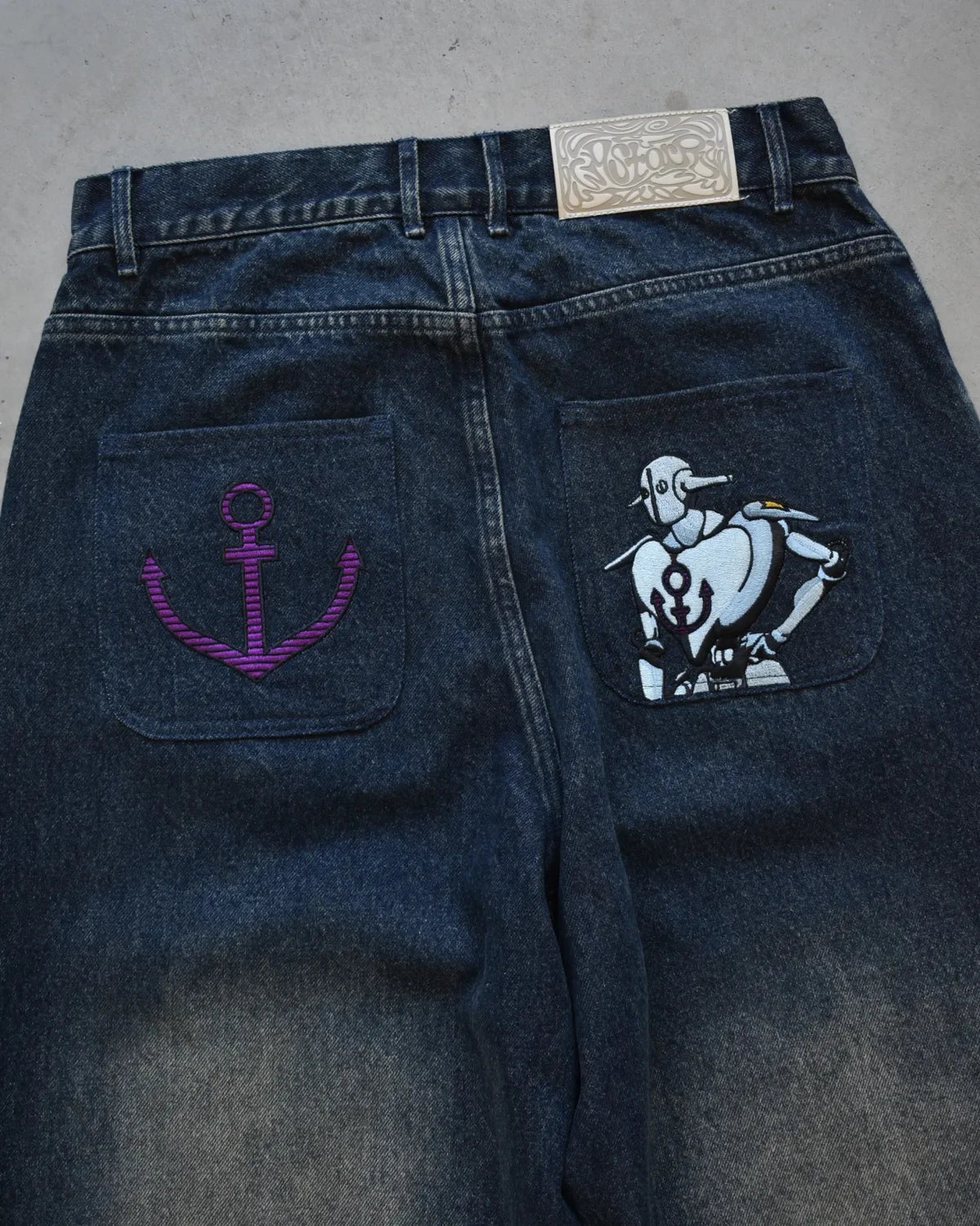 STORESDE Japanese Anime JOJU FMA High Waist Baggy Men Jeans Alphonse Elric Embroidery Anchor Patch Distressed Wash Wide Leg Denim Pants