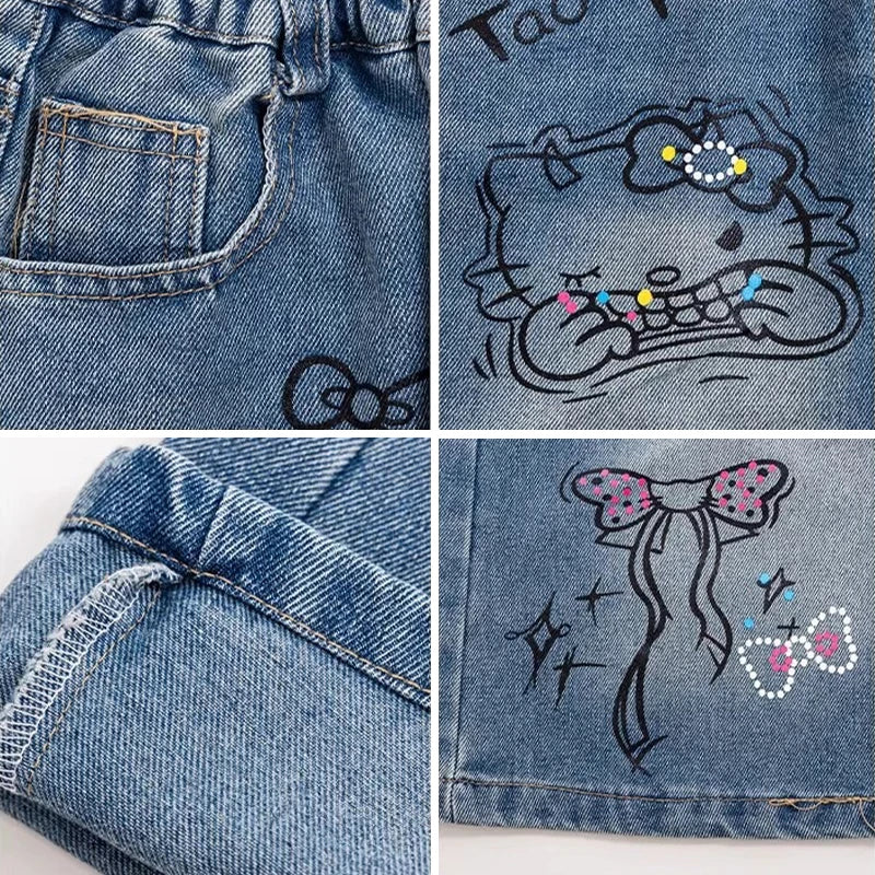 STORESDE New Summer Girls Denim Shorts Cartoon Hello Kitty Fashion Loose Knee Length Jeans Pants For 4-14 Years Teen Kids Casual Trousers