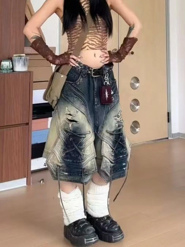 STORESDE American Streetwear Lace Up Cargo Denim Pants Summer Hot Girl Chic Loose Wide Leg Cropped Pants 2000s Y2k Shorts Women Clothing