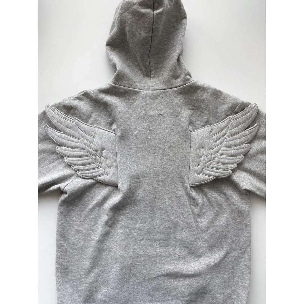 STORESDE Women Grey Angel Wing Embroidered Hoodie Cute Kawaii Pullover Sweatshirt Wing Decoration Back Y2K Street Harajuku Loose Pullover