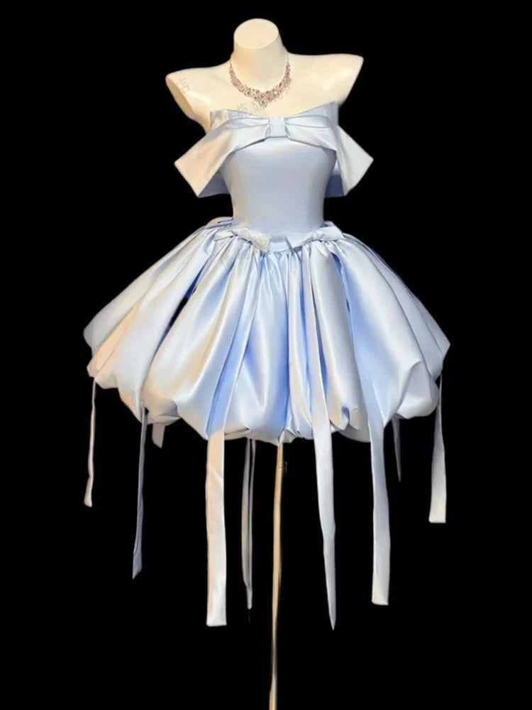 STORESDE 2026 Japanese Summer Blue Pure Desire One Shoulder Birthday Dress Thousand Gold Style Bow Knot Slim Short Sleeve Women's Dress
