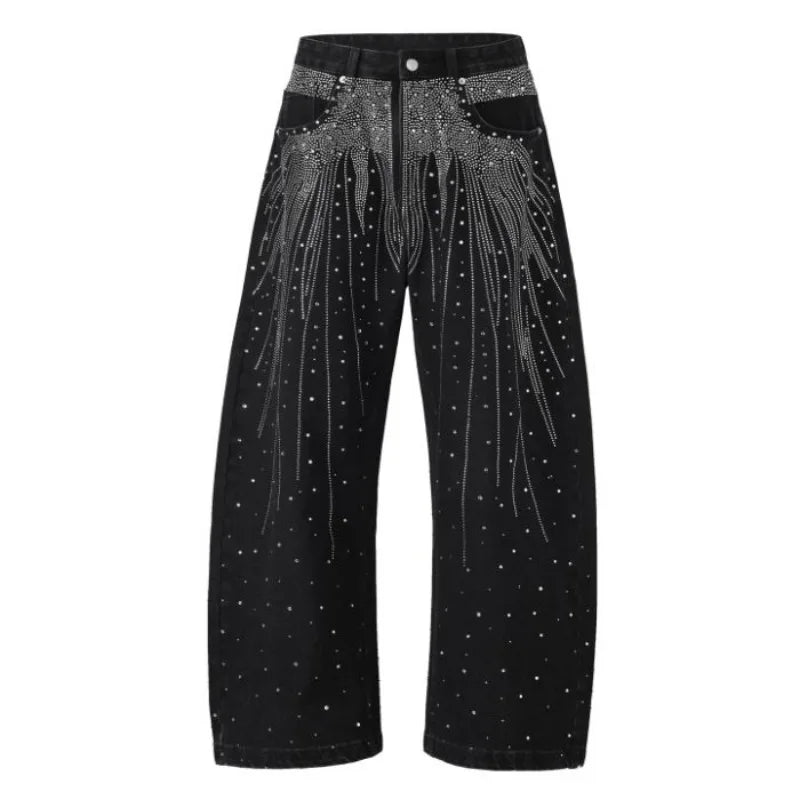STORESDE Autumn Winter High Street Denim Pants Men's Retro Full Diamond Hot Stamping Hip-hop Loose Straight Leg Wide Leg Streetwear Jeans