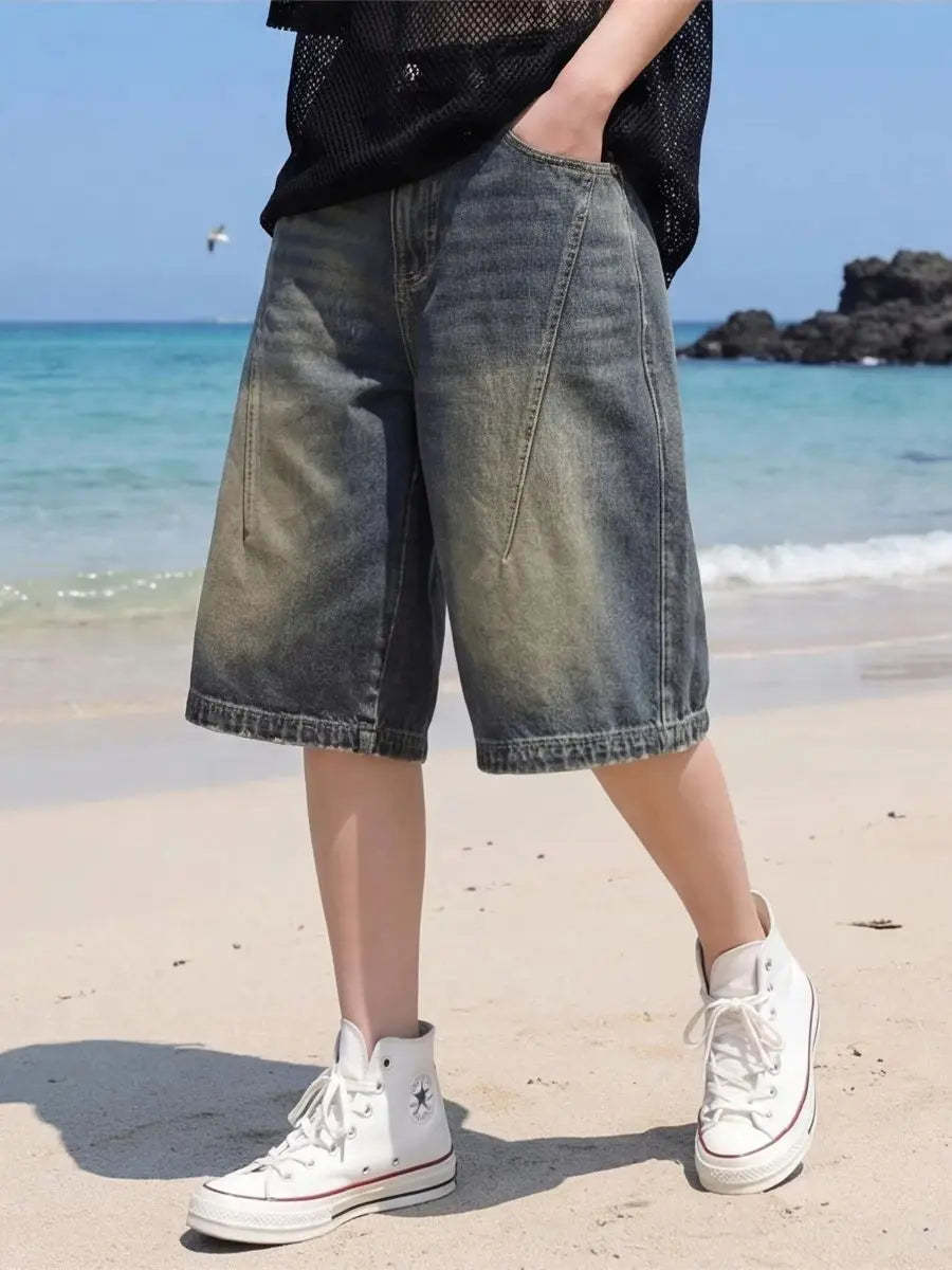 STORESDE High Street Vintage Gradient Denim Shorts Loose Wide Leg Summer Casual Fashionable Versatile Must Have Shorts for Trendsetters