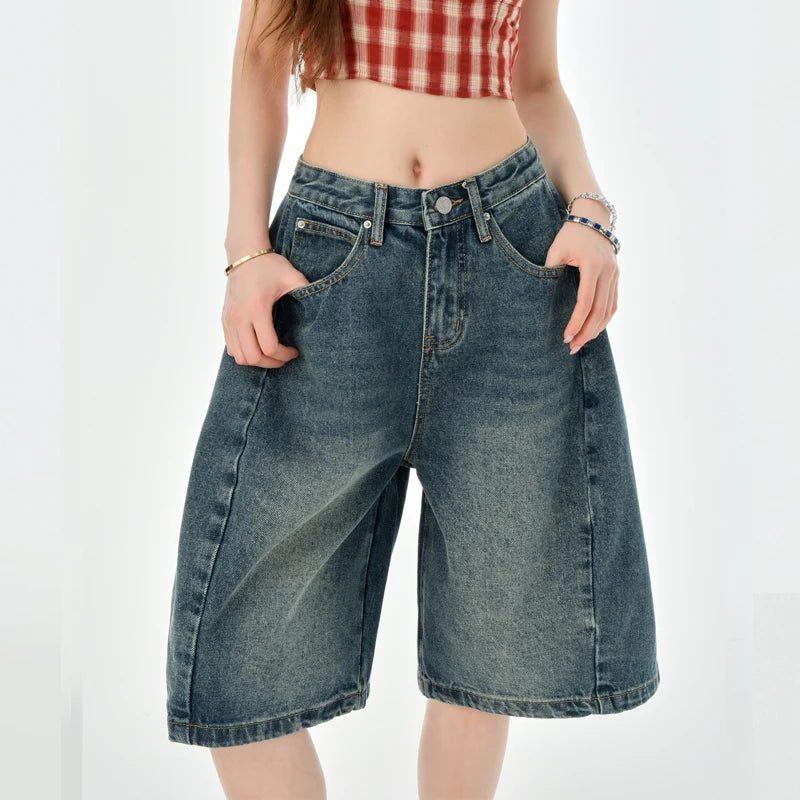 STORESDE Loose Wide Leg Denim Knee Length Pants Women American Vintage Slimming Shorts