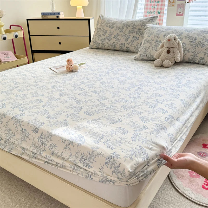 STORESDE 1pc Floral Fitted Bed Sheet Flower Printed Washed Cotton Bed Sheet with Elastic Single/Queen/King Size Bed Fitted Sheets