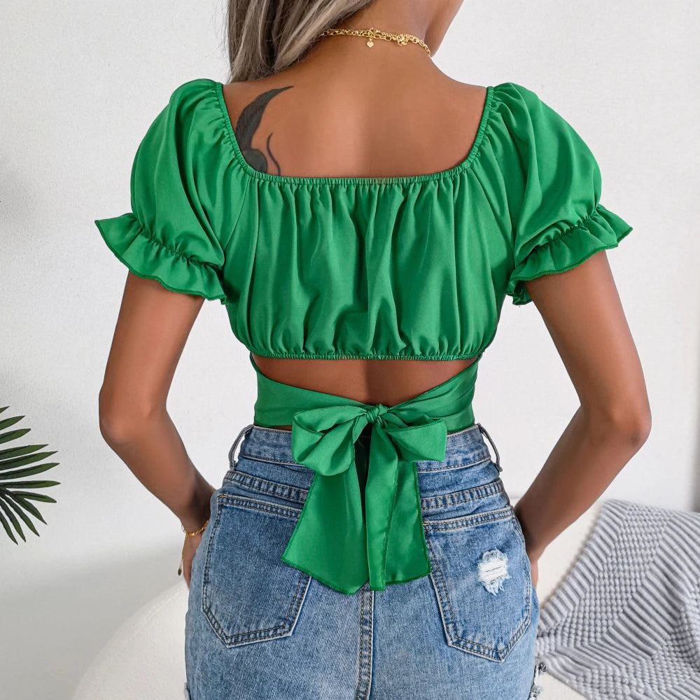 STORESDE 2026 Summer Women Casual Short Sleeve Square Collar Crop Top Solid Color Slim Tie Chiffon Blouse Blue Green Black Woman Clothes