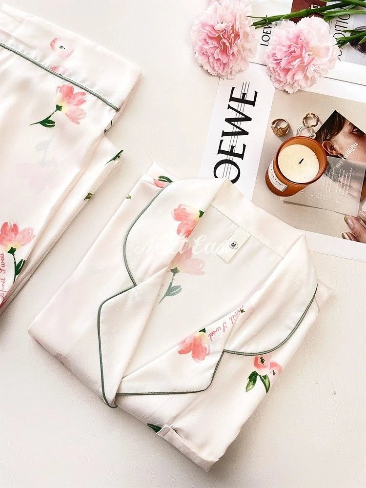 STORESDE 2026 New Ice Silk 2 Pieces Pajamas for Women Autumn Spring Women's Pajamas Set Elegant Ptinting Flower Home Wear Soft Sleepwear