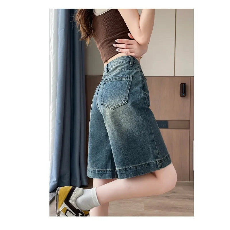 STORESDE Shorts Female Jeans Summer Wide Leg Loose Fit High Waist Denim Shorts Women's Denim Five Points Mid Length Trousers