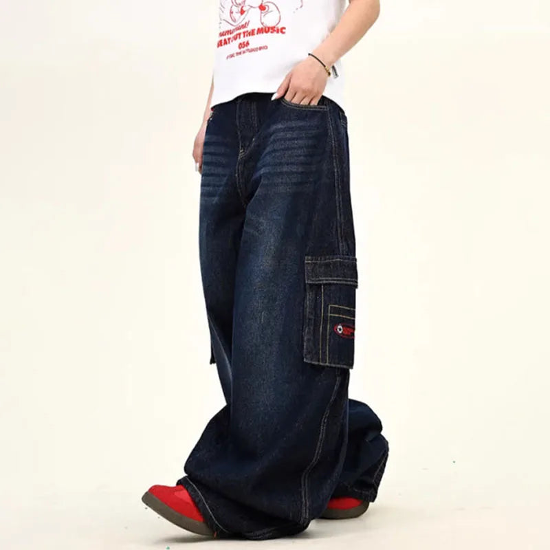 STORESDE Japanese Korean Versions Harajuku Men'S Jeans Fashion Casual Curved Pants Loose Pants Large Pockets Denim Straight Leg Pants
