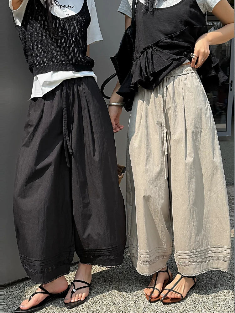 STORESDE Summer Women's Bloomers Korean Lace Thin Drawstring Splicing Wide-leg Pants Casual Loose Solid Ankle Length Baggy Pants Women