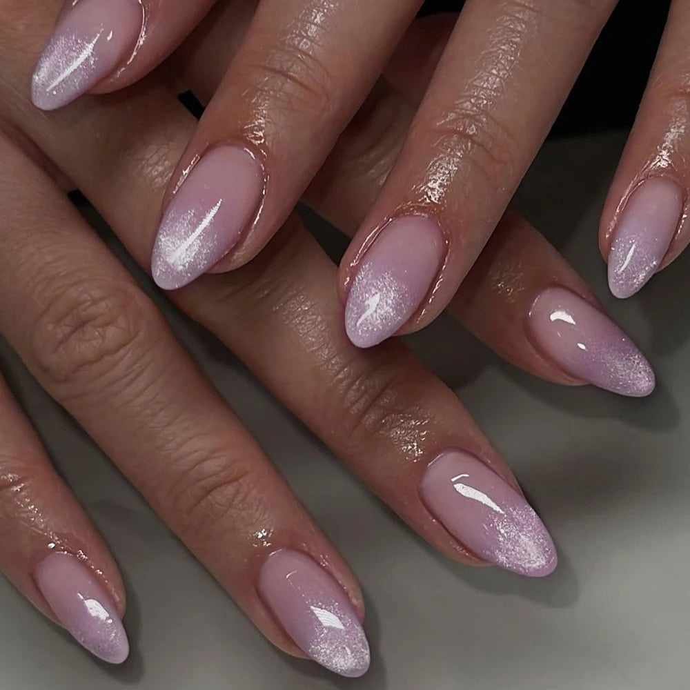 STORESDE 24Pcs Mid-length Almond Ballet False Nails Simple Cat Eye Design Press on Fake Nail Wearable Full Cover Nail Tips Manicure Tools