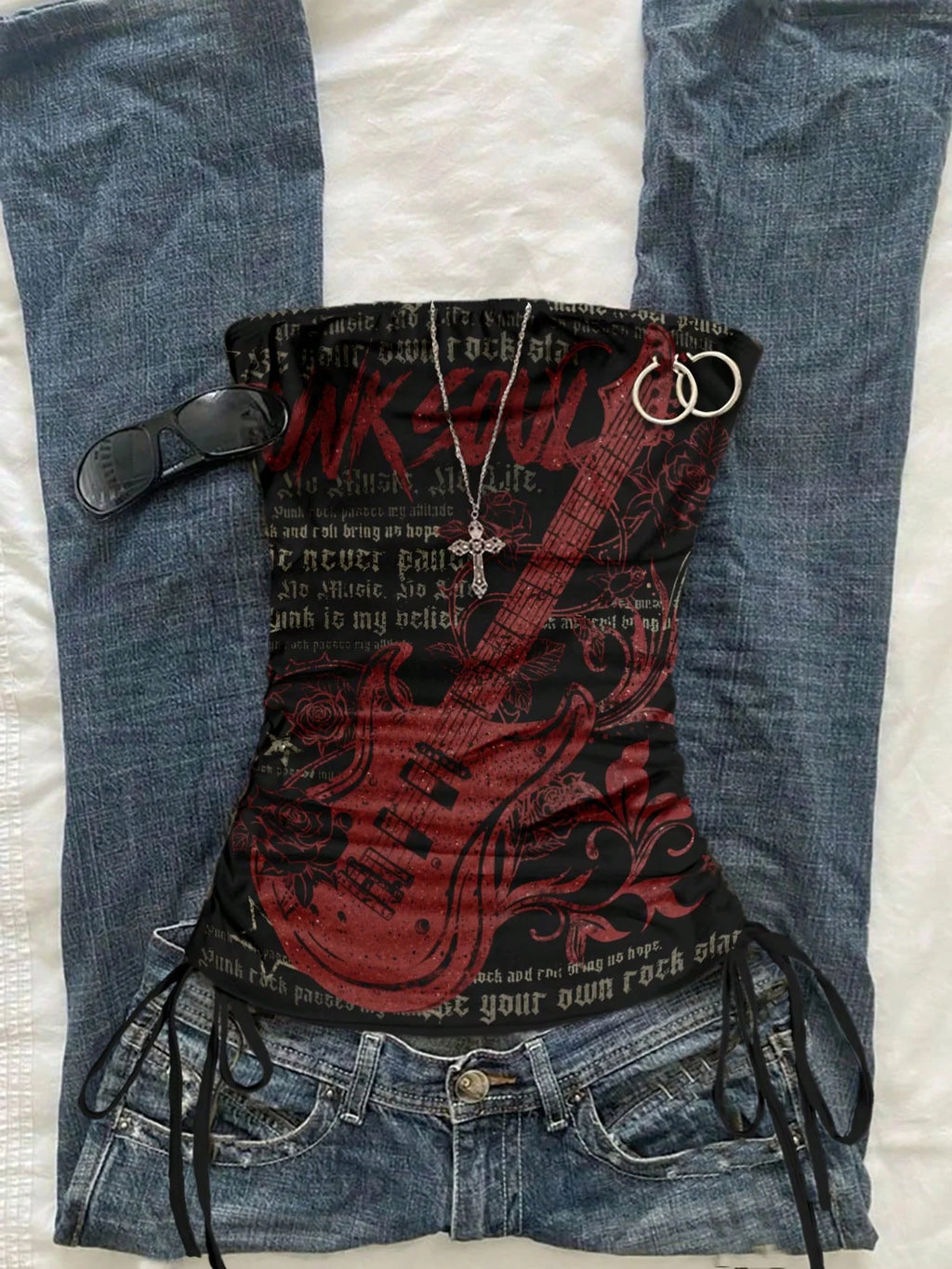 STORESDE Women's casual retro drawstring front cut vest, suitable for Y2K and guitar prints in spring and summer