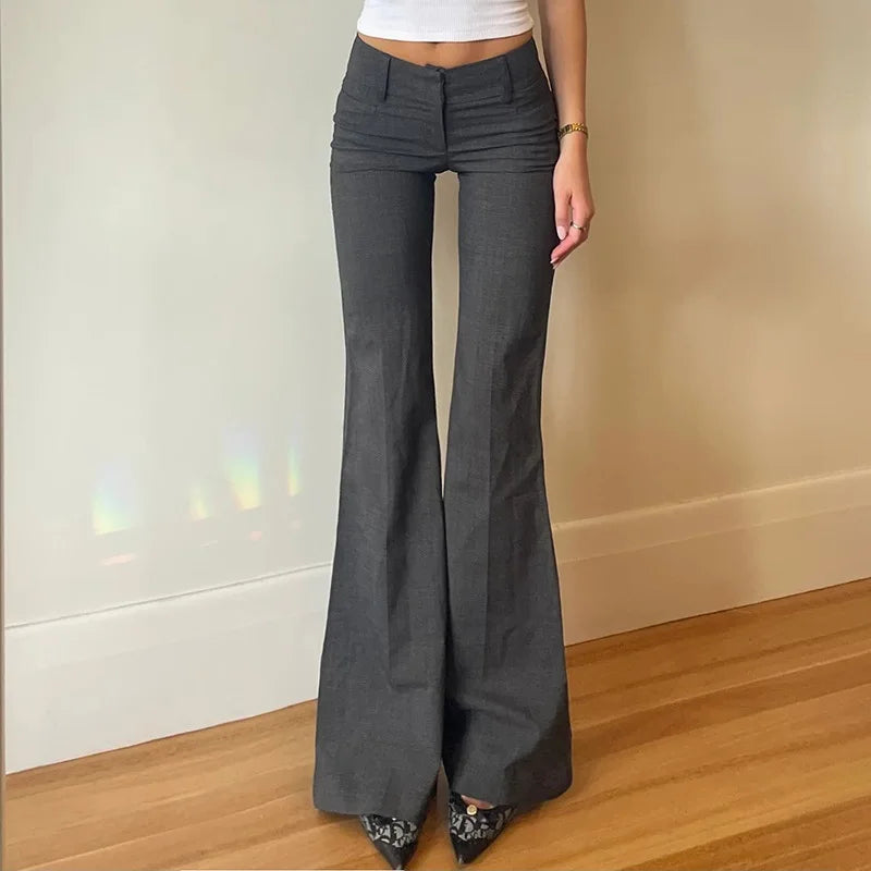 STORESDE Lucyever Grey Low Waisted Flared Pants Female Y2K High Street Retro Wide Leg Trousers Fashion Slim Pocket Office Lady Suit Pants