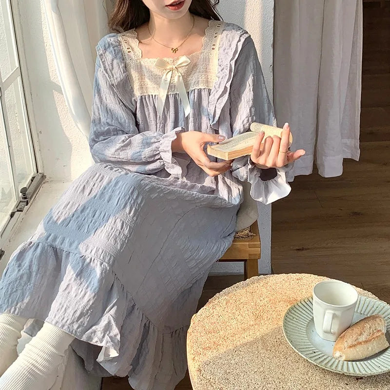 STORESDE Long-Sleeved Harajuku Style Nightgown Women's Pajamas Lace Sweet Cute Nightdress Spring Summer 2026 New Square Collar Home Wear