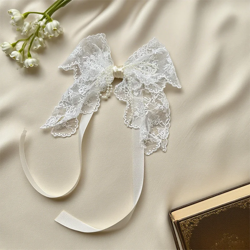 STORESDE 1Pair/2Pairs French Romantic White Flower Lace Curtain Tieback with Bead Korean Bow Strap Trims for Curtain Accessories Decor