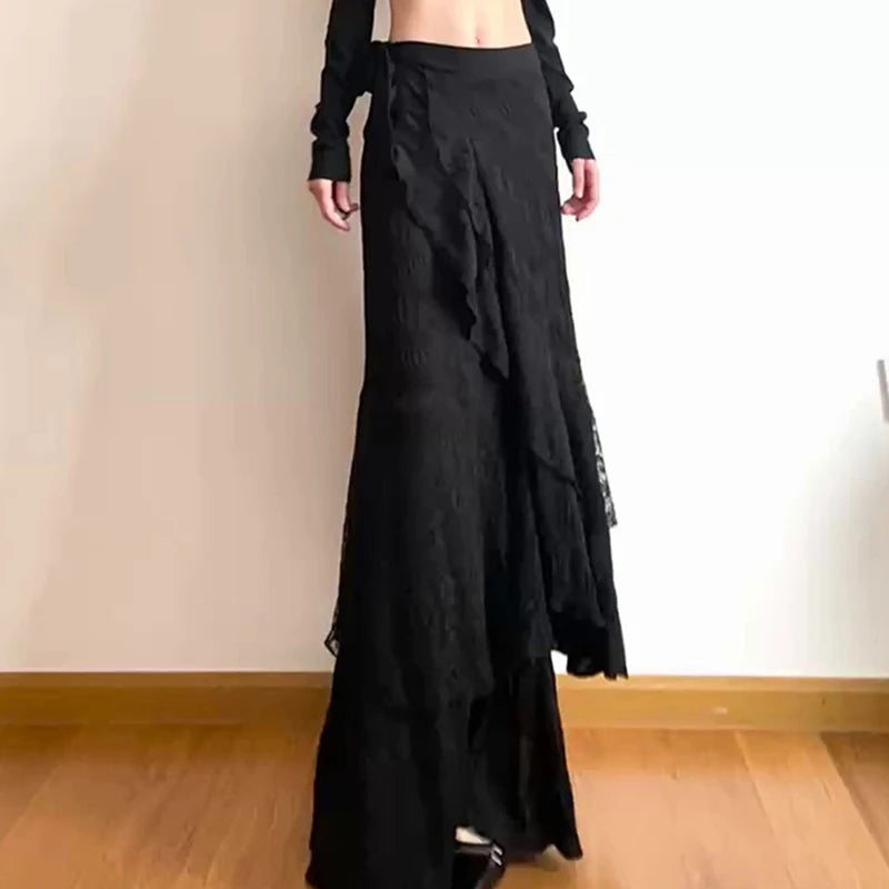 STORESDE Y2K Black Long Skirt Women Harajuku Gothic Lace Asymmetrical Maxi Skirts Summer Korean Ruffles Patchwork Bandage Design Faldas