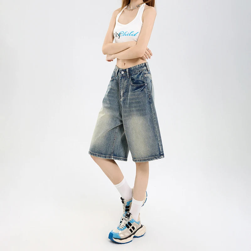 STORESDE 2026 Korean Street Casual Y2K Loose Wide-leg Denim Shorts Five-point Baggy Jeans Women's All-match Straight Summer Hot Shorts
