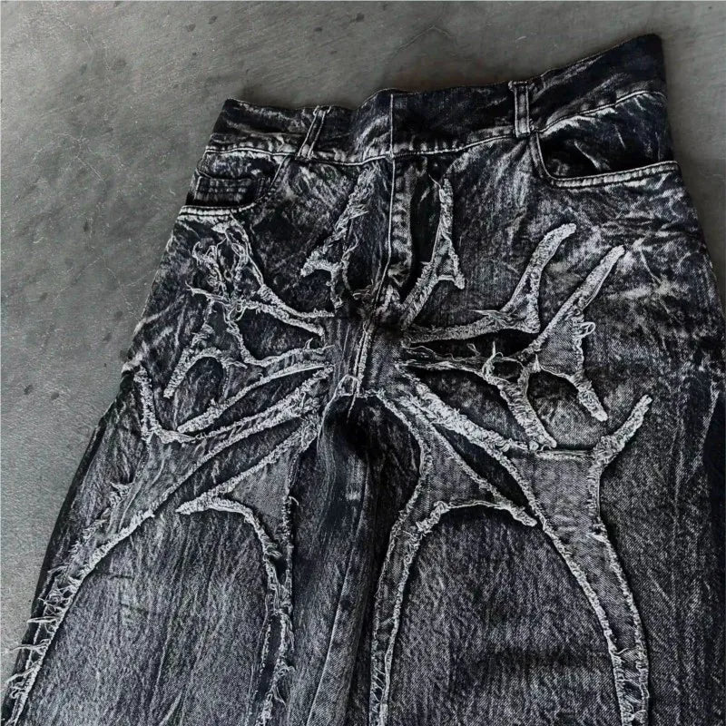 STORESDE Gothic Retro Baggy Unisex Mopping Pants Y2K Phantom Jeans High Street Spider Embroidered Patch Hip Hop Streetwear Straight Jeans