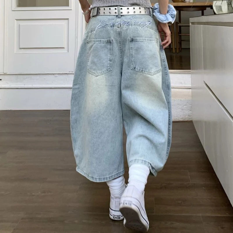 STORESDE 2025 Summer Sexy Vintage Style Harajuku Blue Jeans Women's Y2K Punk Street Baggy Denim Trouser Casual Mop Calf Length Pants