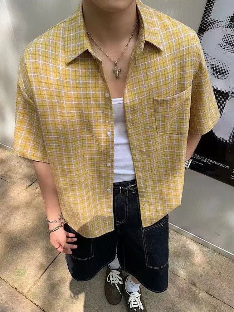 STORESDE Summer Short Sleeve Plaid Shirt Women American Vintage Loose Single Breasted Casual Blouse Bf Harajuku All Match Lapel Tops
