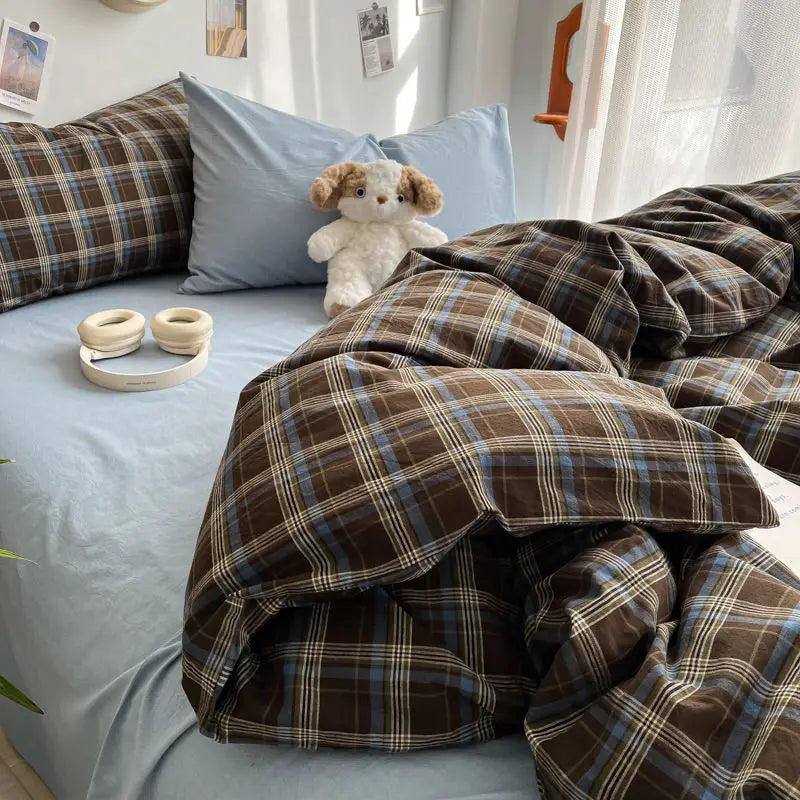 STORESDE Bedding Set Ins Ambiance Blue Coffee Grid Mixed With Washed Cotton Minimalist Four Piece Set Fitted Sheets Duvet Cover