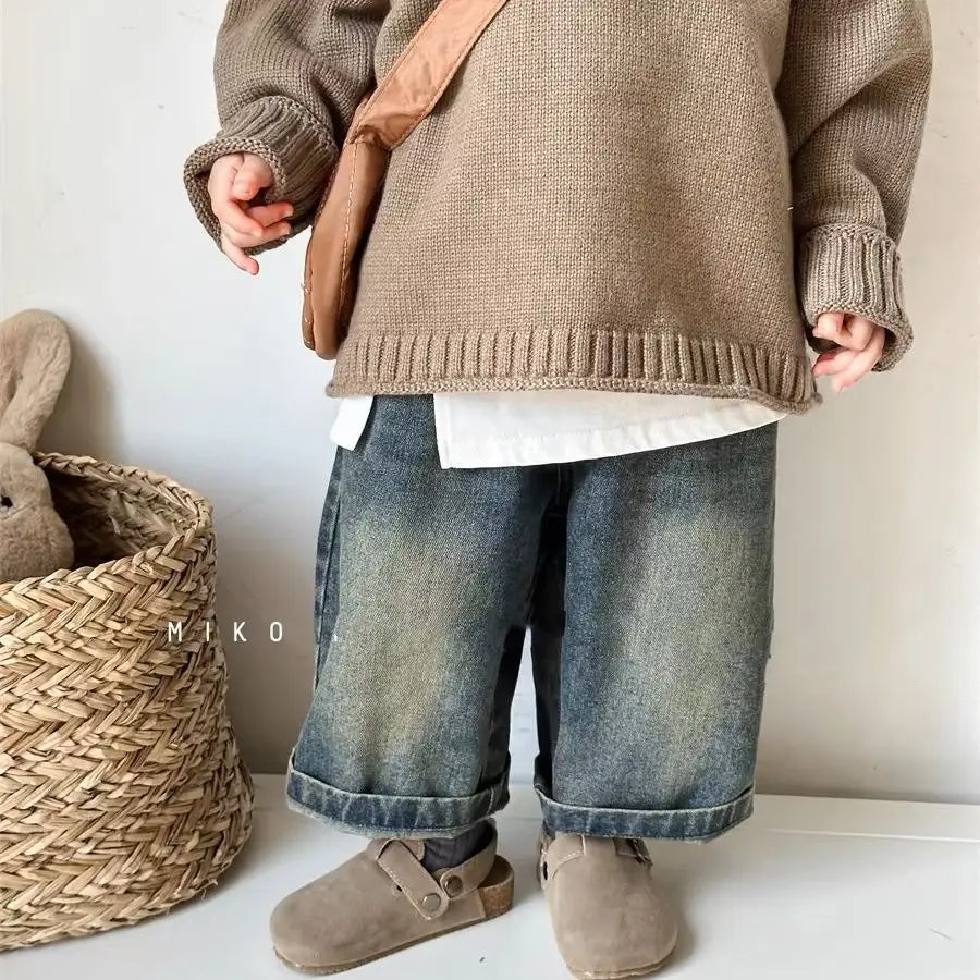 STORESDE Kids Wide Leg Pants New 2025 Spring Autumn Fashion Korean Casual Baggy Simple Style Jeans