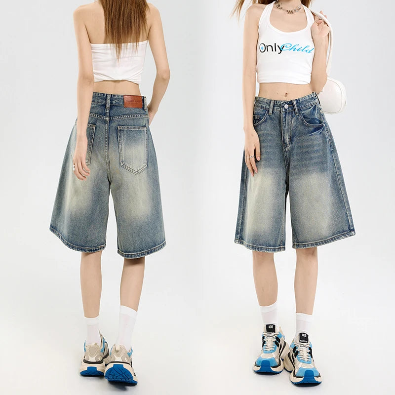 STORESDE 2026 Korean Street Casual Y2K Loose Wide-leg Denim Shorts Five-point Baggy Jeans Women's All-match Straight Summer Hot Shorts