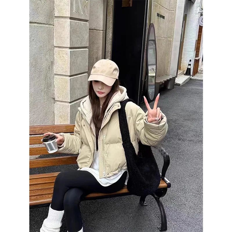 STORESDE Hooded Short Parkas Women Fashion Black Patchwork Puffer Jacket Winter Streetwear Down Coats Korean Cotton Padded Outerwears New