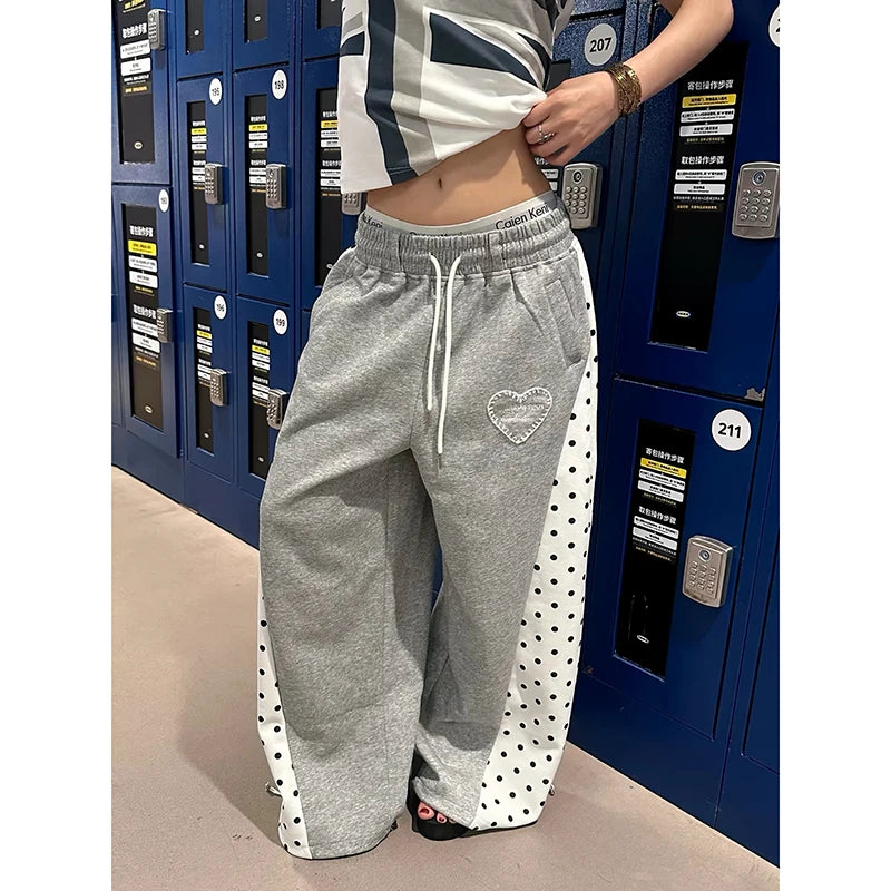 STORESDE YIBASHU Women Gray Baggy Wide Leg Sweatpants Oversize Dot Splice Pants Harajuku Japanese 2000s Style Vintage Y2k Dance Trouser