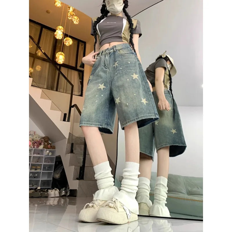 STORESDE Casual Floral Print Loose Wide Leg Womens Jeans New American Retro Star Design Straight Leg Comfort Stretch Soft Denim Shorts