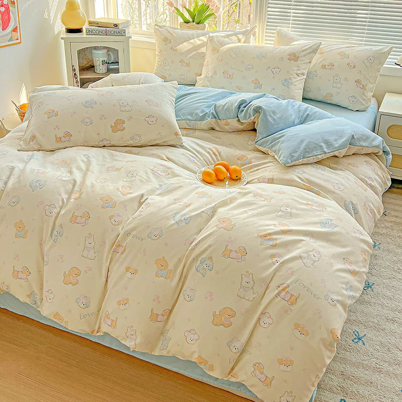 STORESDE American Pastoral Floral Printed Bedding Set Soft Skin-Friendly Double King Size Duvet Cover Set with Flat Sheet and Pillowcases