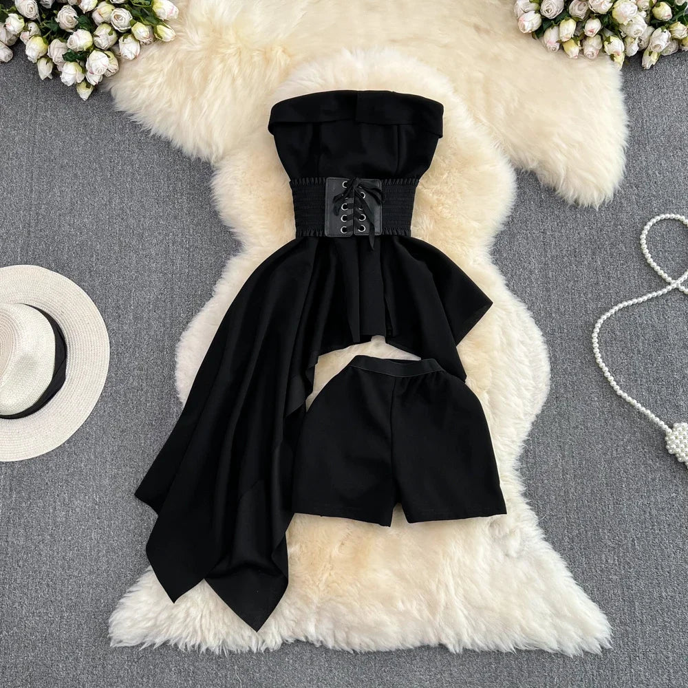 STORESDE 2pcs Sets Women Outfits Fashion Strapless Irregular Skinny A-line Dresses+elastic High Waist Solid Wide-leg Shorts Femme Suits